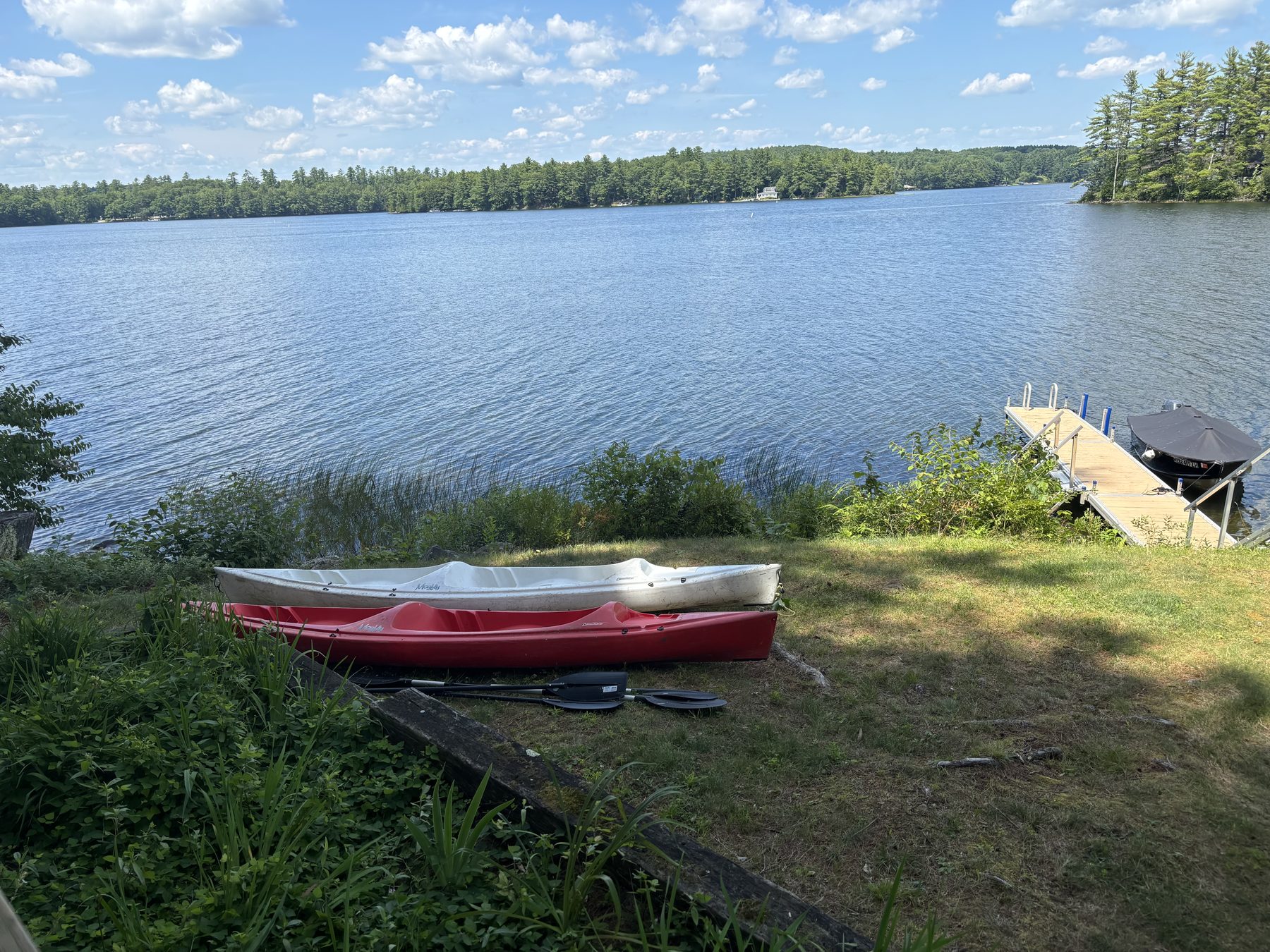 Kayaks on the lawn near the dock